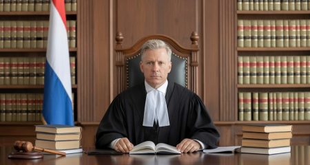Een rechter in een rechtszaal zit achter een houten bank met juridische boeken en documenten om zich heen.