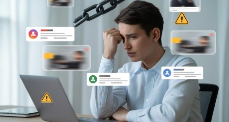 Een jonge volwassene zit aan een bureau en kijkt bezorgd naar een laptop met sociale media-icoontjes en negatieve meldingen.