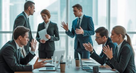 Zakelijke vergadering met gespannen professionals die een conflict bespreken in een modern kantoor.