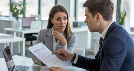 Twee jonge professionals in een kantoor die serieus over een contractdocument praten.