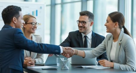 Een groep zakenpartners zit samen aan een vergadertafel en werkt samen in een moderne kantooromgeving.