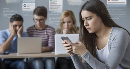 Een groep jonge mensen zit samen met laptops en telefoons, met bezorgde gezichten terwijl ze naar schermen kijken die online berichten tonen.