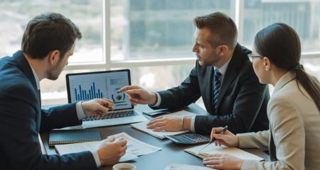 Drie professionals bespreken financiële documenten in een kantooromgeving.