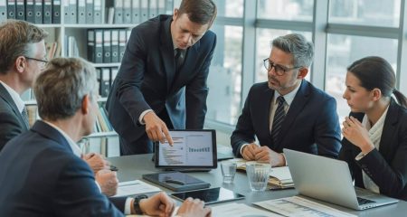 Een zakelijke vergadering met professionals die documenten en laptops bekijken in een moderne kantoorruimte, gericht op het bespreken van financiële problemen.