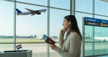 Een jonge volwassene staat in een luchthaven en kijkt uit het raam naar vliegtuigen terwijl hij een paspoort vasthoudt.