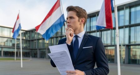 Een jonge Nederlandse man staat nadenkend voor een modern overheidsgebouw met Nederlandse vlaggen op de achtergrond.
