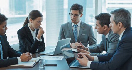Zakelijke bijeenkomst met diverse professionals die documenten en laptops bespreken in een modern kantoor.