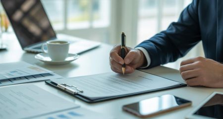 Een persoon die een contract tekent tijdens een zakelijke bijeenkomst aan een bureau met documenten en een laptop.