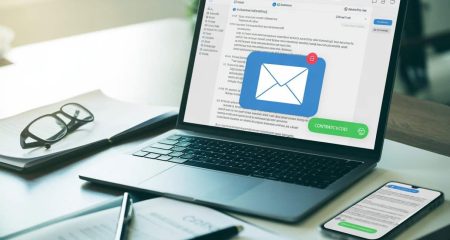 Een kantoorwerkplek met een laptop en smartphone waarop e-mails en WhatsApp-berichten zichtbaar zijn, met documenten en een pen op het bureau.