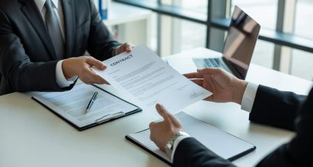 Twee mensen in een kantooromgeving overhandigen een contractdocument aan elkaar tijdens een zakelijke bespreking.