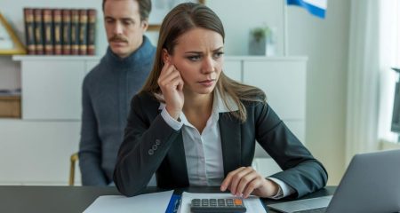 Een vrouw zit bezorgd aan een bureau met financiële en juridische documenten, terwijl een man op de achtergrond staat in een kantooromgeving.