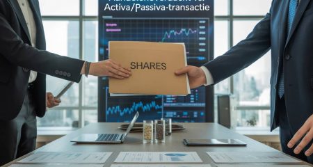 Twee zakelijke professionals in een kantoor wisselen documenten uit met financiële grafieken en papieren op een bureau.