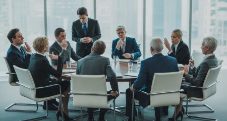 Een groep aandeelhouders en bestuurders in een vergaderruimte die serieus en geconcentreerd met elkaar in gesprek zijn.