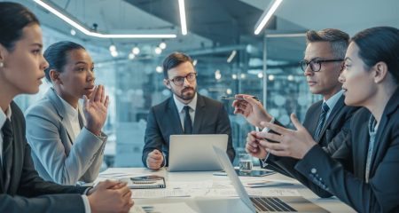 Een groep zakelijke professionals in een vergaderruimte die geconcentreerd overlegt over mogelijke belangenverstrengeling binnen een bedrijf.