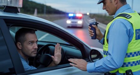 Een man in een auto die aarzelt bij een blaastest terwijl een politieagent buiten het raam staat.