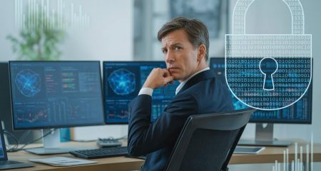 Een zakelijke professional zit aan een bureau met meerdere computerschermen en kijkt voorzichtig over zijn schouder in een moderne kantooromgeving.