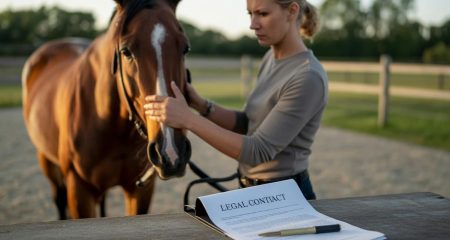 Een vrouw die bezorgd een paard vasthoudt bij een buitenstal, met een document op een houten tafel ernaast.