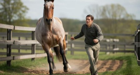 Een persoon die voorzichtig achteruit stapt terwijl een paard dreigend met een voorbeen omhoog staat en zijn mond opent.