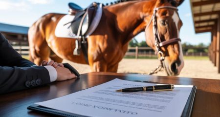 Een persoon zit aan een tafel bij een stal met een contract en pen, terwijl een paard met zadel rustig staat.