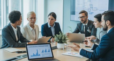 Een groep zakelijke professionals in een vergaderruimte die samen overleggen aan een tafel met documenten en laptops.