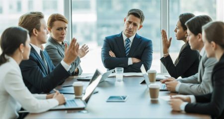 Een groep zakelijke professionals zit rond een vergadertafel, waarbij één persoon duidelijk onenigheid toont terwijl de anderen luisteren.