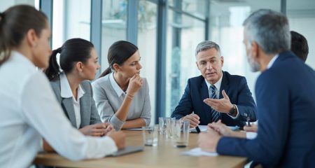 Een groep werknemers en een werkgever zitten rond een vergadertafel in een kantoor en bespreken belangrijke beslissingen.