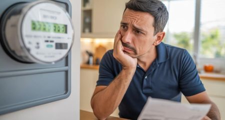 Een bezorgde man die aan een keukentafel zit en een elektriciteitsmeter en een energierekening bekijkt.