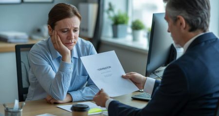 Een zieke werknemer zit tegenover een manager die een ontslagbrief overhandigt in een kantooromgeving.