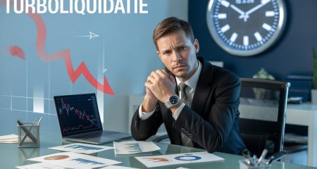 Een zakelijke persoon zit aan een bureau met financiële documenten en een laptop, met een digitale klok op de achtergrond die snelheid aangeeft.