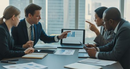 Vijf professionals bespreken documenten en financiële rapporten in een moderne vergaderruimte.