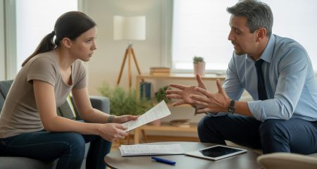 Een huurder en verhuurder zitten in een woonkamer en bespreken een huurconflict terwijl ze documenten bekijken.