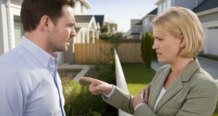 Twee buren staan tegenover elkaar bij hun huizen met gespannen gezichten, wijzend naar een erfgrens.