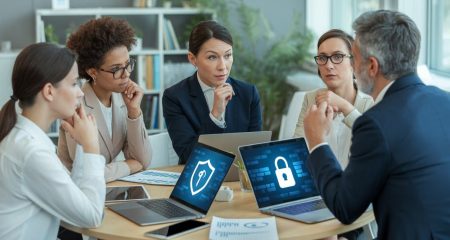 Een werkgever en werknemers zitten samen aan een tafel in een kantoorruimte en voeren een gesprek over privacy en gegevensbescherming.