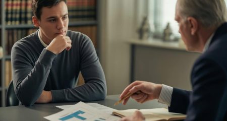 Een jonge man zit aan een tafel tegenover een advocaat die documenten bespreekt in een kantooromgeving.