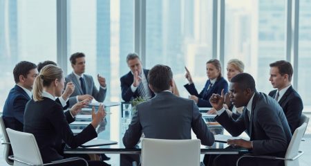 Een gespannen zakelijke bijeenkomst tussen aandeelhouders die tegenover elkaar aan een vergadertafel zitten en een conflict bespreken.