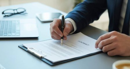 Een persoon die een contract vasthoudt met een pen boven het papier, met een bedachtzame blik aan een bureau.