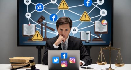 Advocaat bekijkt de risico’s van social media op een laptop