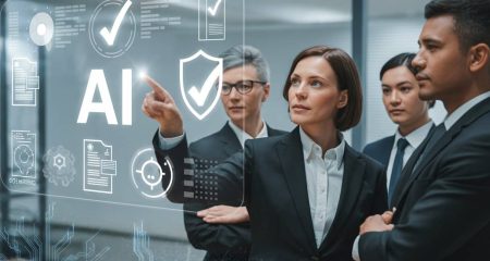 Zakelijke professionals in een modern kantoor die samenwerken met digitale schermen en AI-symbolen om compliance in het AI-tijdperk te tonen.