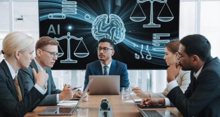 Een groep zakelijke professionals bespreekt serieuze zaken rond een vergadertafel in een modern kantoor met een scherm op de achtergrond dat AI-gerelateerde beelden toont.