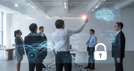 Een groep professionals in een moderne kantooromgeving bekijkt een digitaal scherm met datastromen en privacy-symbolen.