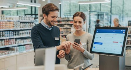 Een winkelmedewerker helpt een klant met een smartphone in een moderne winkelomgeving.