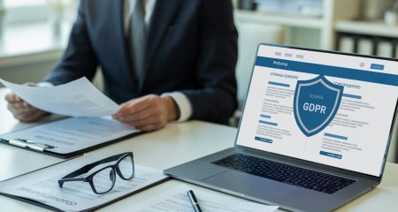 Een persoon in zakelijke kleding bekijkt documenten aan een bureau met een laptop en juridische papieren, die de juridische basis van een webshop weergeven.