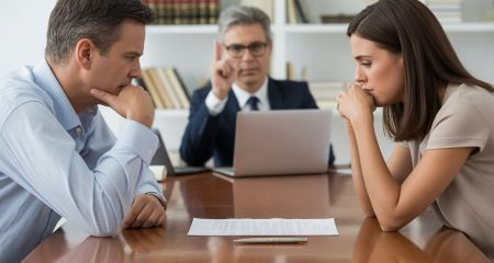 Een man en vrouw zitten tegenover elkaar aan een tafel in een kantoor, met een advocaat die hen begeleidt bij juridische stappen.