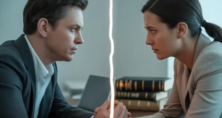 Twee volwassenen in een gespannen gesprek in een kantooromgeving, met een subtiele scheidslijn tussen hen en juridische documenten op de achtergrond.