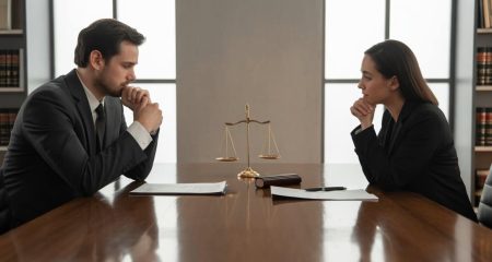 Een man en een vrouw zitten tegenover elkaar aan een tafel met juridische documenten en een weegschaal, in een kantooromgeving.