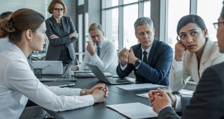 Een groep werknemers en een manager in een moderne kantoorruimte die een serieuze vergadering houden, met gespannen gezichten en documenten op tafel.