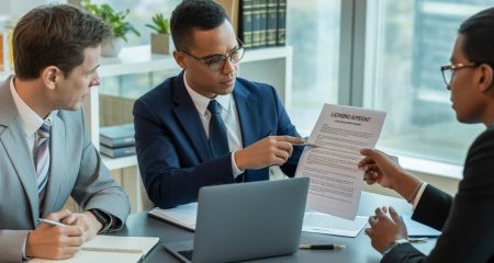 Drie zakelijke professionals in een vergaderruimte bespreken een document aan een tafel.
