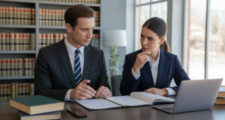 Twee advocaten bespreken documenten in een moderne kantooromgeving.