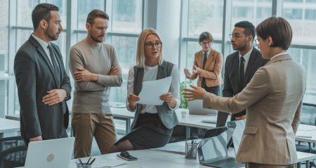 Een groep werknemers in een kantoor luistert aandachtig naar een HR-manager tijdens een serieus gesprek over herstructurering.
