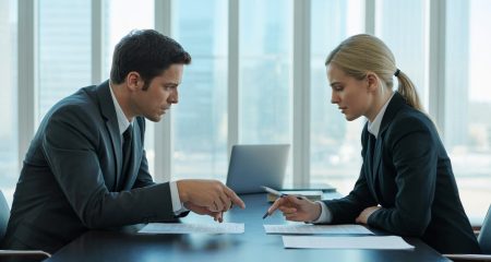 Twee zakenpartners zitten aan een tafel en bespreken een probleem met een contract in een kantoor.
